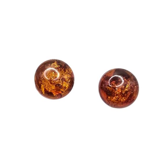 Small Round Amber Earrings Pierced Button Cabochon Design Silver Tone Setting - Picture 7 of 7